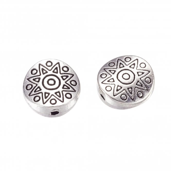 Tibetan Style Beads Flat Round Star Pattern 10mm - Antique Silver Plated - 5pcs