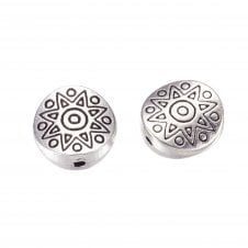 Tibetan Style Beads Flat Round Star Pattern 10mm - Antique Silver Plated - 5pcs