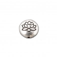Tibetan Style Flat Round Bead with Lotus Flower - Antique Silver Plated - 2pcs