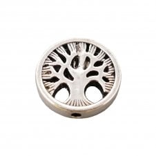 Tibetan Style Flat Round Bead with Tree - Antique Silver Plated - 5pcs
