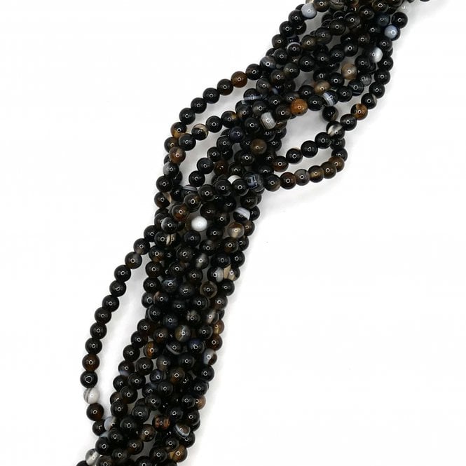 White Stripe Black Agate Plain Round 4mm - 1 String (approx 90 beads)
