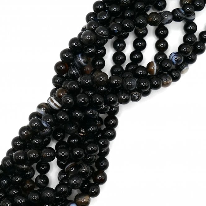 White Stripe Black Agate Plain Round 8mm - 1 String (approx 46 beads)